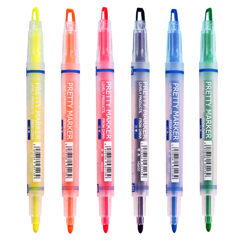 양면 컬러 하이라이터 펜, 액체 잉크, 1-4mm 라이너 마커펜, 문구, 사무용품, 학교 용품, A6857, 6 개